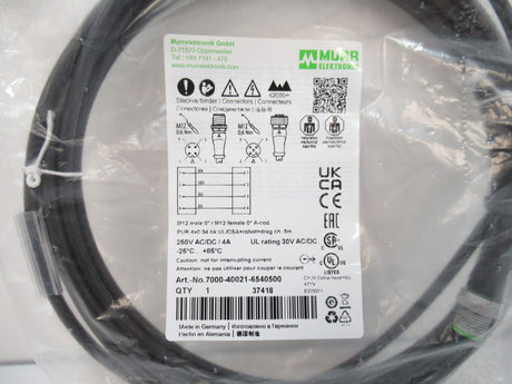 Murrelektronik 7000-40021-6540500 Cable, M12 Male / M12 Female 0 Deg A-Cod