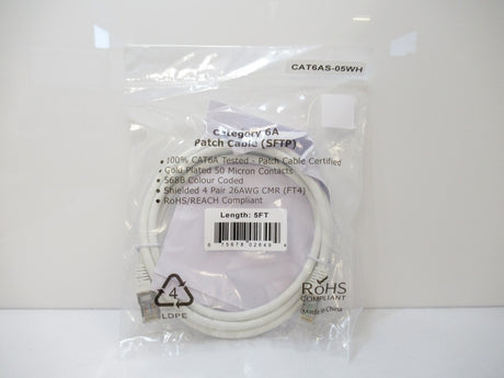 Ethernet Molded Patch Cable CAT6AS-05WH, White, RJ45, CAT6A, SFTP, 10GB, 5 FT