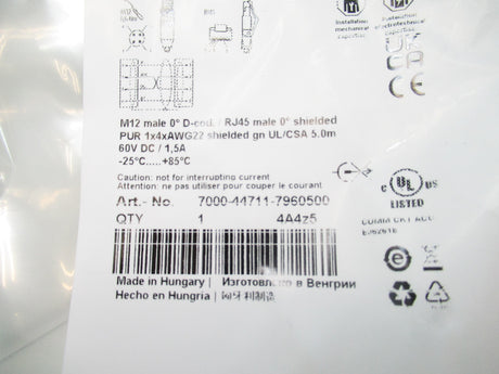 MurrElektronik 7000-44711-7960500 M12 Straight D-Coded To RJ45, 5 Meters Long