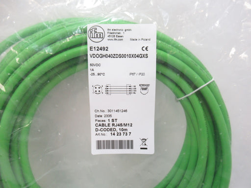 Ifm Electronic E12492 Ethernet Connection Cable RJ45/M12 D-Coded, 10 Meters