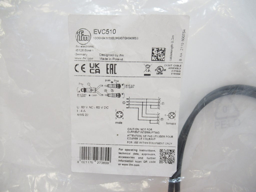 EVC510 Ifm Electronic, Y Connection Cable M12, 0.3 meter, IP65