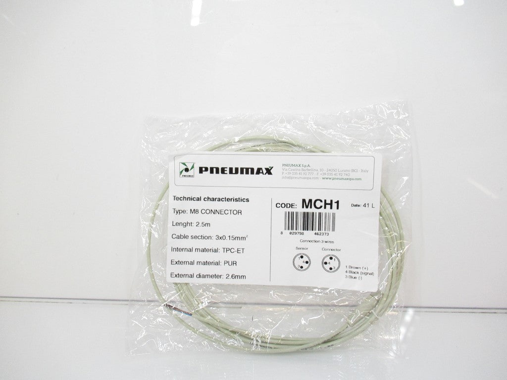 Pneumax MCH1 M8 Connector. 2.5 Meters Cable