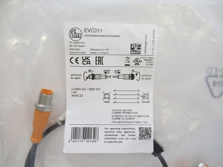 EVC011 Ifm Electronic Patchcord Straight Female To Male M12, 0.6m, AWG 22